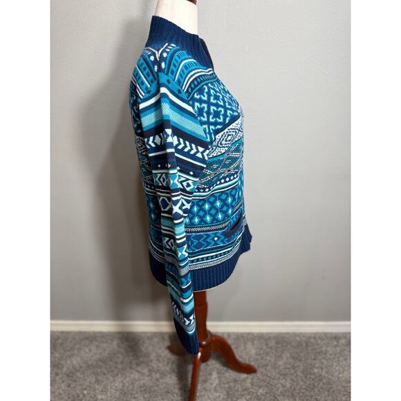 Title Nine cardigan sweater fair isle blue white mix pattern zip & pockets Sz L - Picture 3 of 8